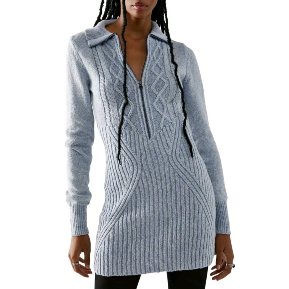 Free People Size Medium Chunky Sweater Dress Half Zip Blue Mont Blanc Mini Dress